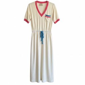 Vtg Doni Girl of California 60s/70s Terry Cloth Midi Dress White Pink Blue
